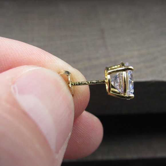 Sterling Silver Medium Size Clear CZ Gold Plated Stud Earrings Vintage - Picture 5 of 7